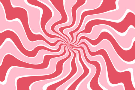 Swirl candy background with pattern of pink rays. Vector strawberry sweet vortex. Abstract lollipop and marshmallow radial burst poster. Retro groovy illustrationのイラスト素材
