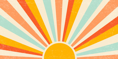 Sunset with rays summer 70s background. Groovy textured vintage radial pattern of beams. Abstract vector poster design. Grunge trendy illustrationのイラスト素材