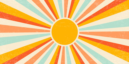 Groovy sun with radial rays. Summer vector textured background. 70s vintage sunburst bg. Abstract poster for beach party and carnival. Trendy grunge illustrationのイラスト素材