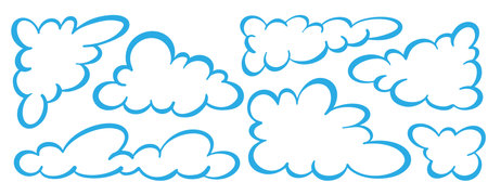 Sketchy cloud drawings on white background with doodle lines and bubbles. Charming hand-drawn illustration for children art, school projects and vintage cartoon themes. Vector illustrationのイラスト素材