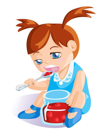 cute baby girl in blue dress eating cherry jam from glass jarのイラスト素材