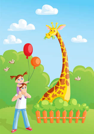 girl with her dad meeting giraffe in the zooのイラスト素材