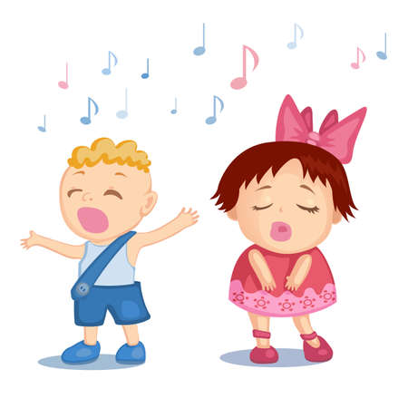 Cartoon little boy and girl singing a songのイラスト素材