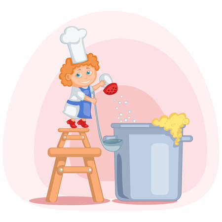 little cook standing on the stool with big ladle and salting a soupのイラスト素材