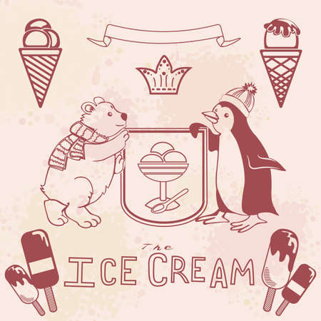 Various Ice cream set with funny polar bear and penguin figures. retro style. editableのイラスト素材