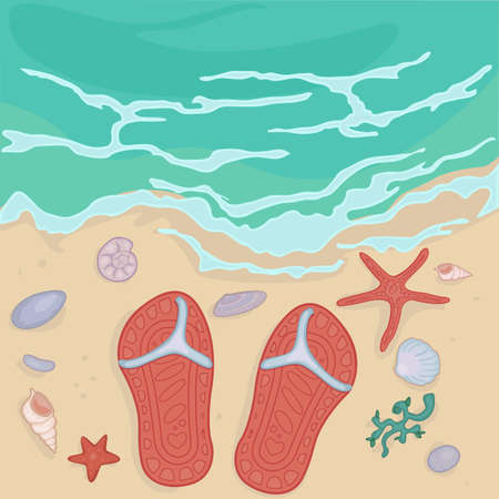 flip flops and various seashells on the sea shore near the surf wavesのイラスト素材