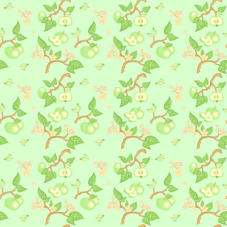 seamless pattern with green apples, leaves and apple flowersのイラスト素材