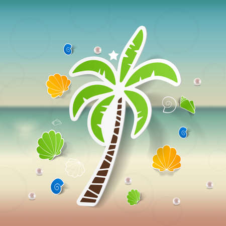 summer, beach background with stickers summer set palm treeのイラスト素材