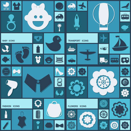 Flat concept, set modern design flowers, transport, fashion, kidsのイラスト素材