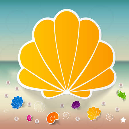 summer, beach background with stickers summer set shellのイラスト素材