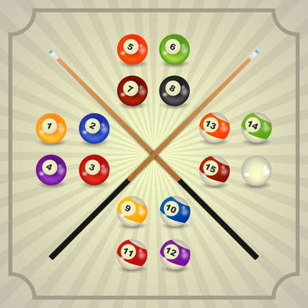 set of billiard balls, billiards, American with cueのイラスト素材