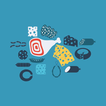 Flat modern design with shadow cheeses and sausagesのイラスト素材