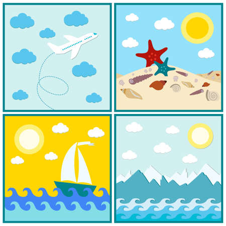 collection of 4 images Summer mountain sun water shellsのイラスト素材