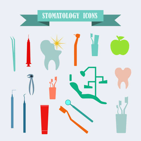 multicolored icons with tape on the topic stomatologyのイラスト素材