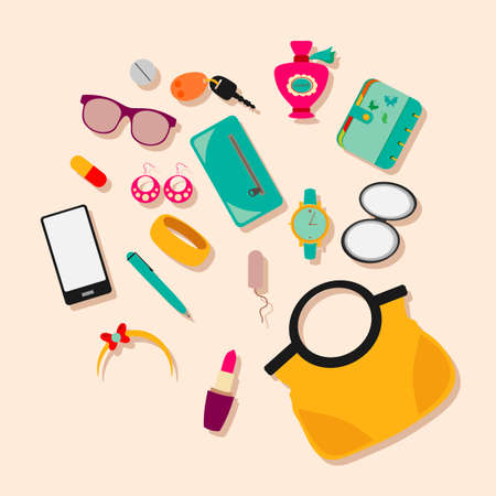 composition female bag with accessories on a cream backgroundのイラスト素材