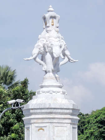 Erawan Four headed Elephant Pillar Statue in Bangkok City Thailandの写真素材