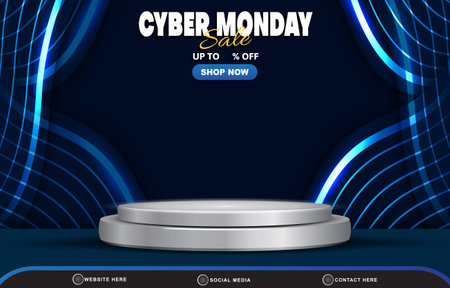 cyber monday sale discount template banner with blank space 3d podium for product sale with abstract gradient dark blue background designのイラスト素材