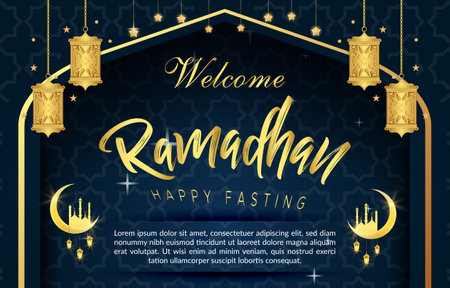 welcome happy fasting ramadan mubarak with beautiful shiny luxury islamic ornament and abstract gradient dark blue backgroundのイラスト素材