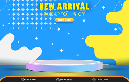 new arrival discount sale template banner with blank space 3d podium for product sale with abstract gradient blue and yellow background designのイラスト素材