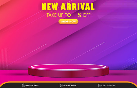new arrival discount sale template banner with blank space 3d podium for product sale with abstract gradient red and purple background designのイラスト素材