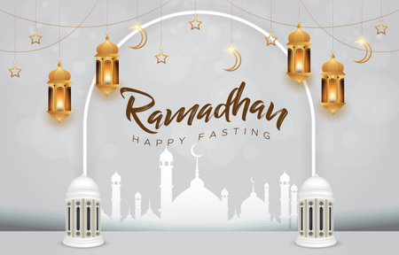happy ramadan kareem with beautiful shiny luxury islamic ornament and abstract gradient white and grey background designのイラスト素材