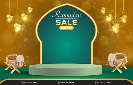 ramadan discount sale template banner with blank space 3d podium for product sale with abstract gradient brown and golden background designのイラスト素材