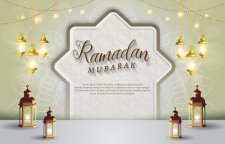 beautiful ramadan mubarak 2023 template banner with beautiful luxury islamic ornament and abstract gradient yellow and white background designのイラスト素材