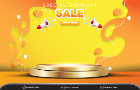 elegant special discount sale template banner with blank space 3d podium for product sale with abstract gradient orange and yellow background designのイラスト素材