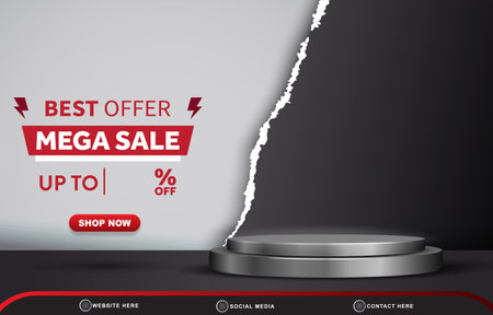 best offer mega sale discount template banner with blank space 3d podium for product sale with abstract gradient black and white background designのイラスト素材