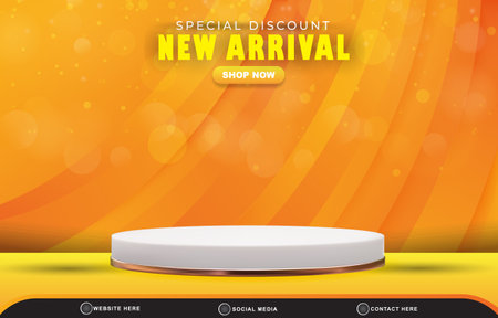 special discount new arrival sale template banner with blank space 3d podium for product sale with abstract gradient orange and yellow background designのイラスト素材