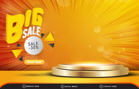 big sale discount template banner with blank space 3d podium for product sale with abstract gradient orange and yellow background designのイラスト素材