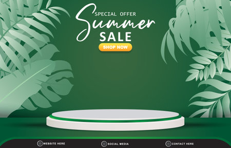 summer sale discount template banner with blank space 3d podium for product sale with abstract gradient green background designのイラスト素材