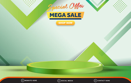 special offer mega sale template banner with blank space 3d podium for product sale with abstract gradient green and white background designのイラスト素材