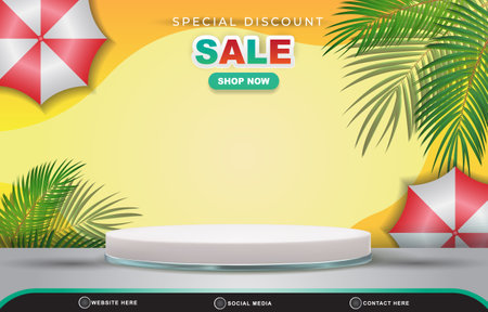 summer sale discount discount template banner with blank space 3d podium for product sale with abstract gradient orange and yellow background designのイラスト素材