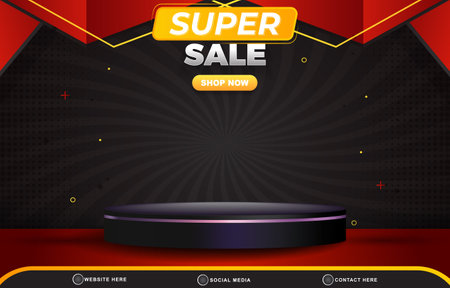 super sale discount template banner with blank space 3d podium for product sale with abstract gradient red and black background designのイラスト素材