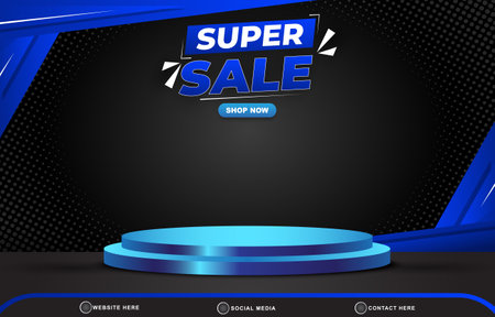 super sale discount template banner with blank space 3d podium for product sale with abstract gradient blue and black background designのイラスト素材