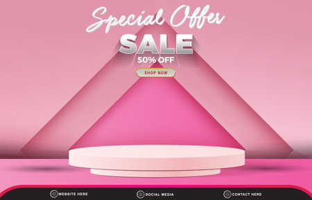 special offer sale discount template banner with blank space 3d podium for product sale with abstract gradient pink background designのイラスト素材