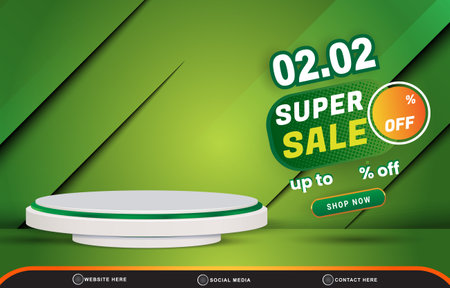 02.02 super sale discount template banner with blank space 3d podium for product sale with abstract gradient green and yellow background designのイラスト素材