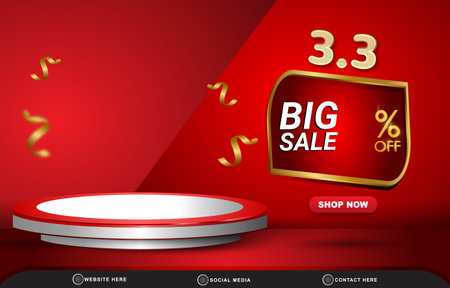 big sale discount template banner with blank space 3d podium for product sale with abstract gradient red background designのイラスト素材