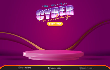 cyber monday discount sale template banner with blank space 3d podium for product sale with abstract gradient purple background designのイラスト素材