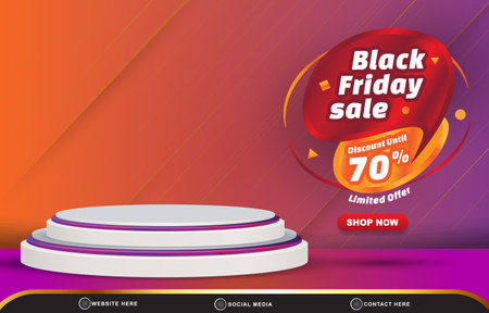3d black friday discount sale template banner with blank space 3d podium for product sale with abstract gradient purple and orange background designのイラスト素材