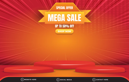 special offer mega sale discount template banner with blank space 3d podium for product sale with abstract gradient red and orange background designのイラスト素材