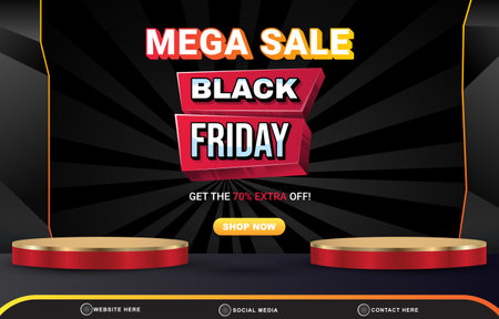 mega sale black friday discount template banner with blank space 3d podium for product sale with abstract gradient black background designのイラスト素材