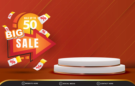 3d big sale discount template banner with blank space 3d podium for product sale with abstract gradient red and orange background designのイラスト素材