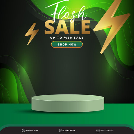 flash sale discount banner social media template post with blank space 3d podium for product with abstract black and green gradient background designのイラスト素材