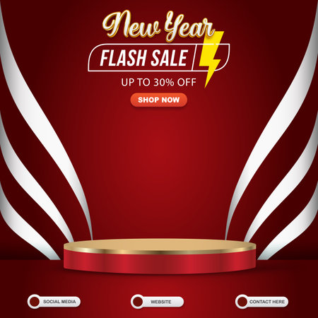 new year flash sale social media template banner post with blank space 3d podium for product sale with abstract gradient red background designのイラスト素材