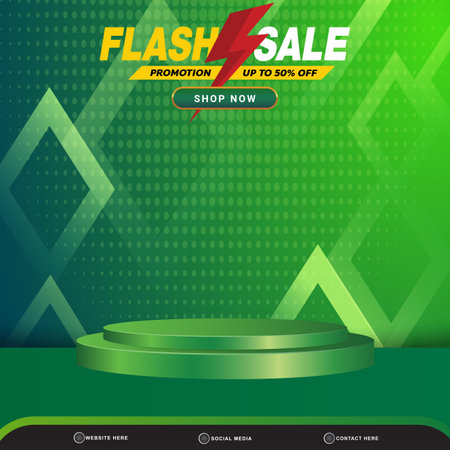 elegant flash sale banner social media template post with blank space 3d podium for product with abstract green gradient background designのイラスト素材