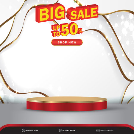 big sale banner social media template post with blank space 3d podium for product with abstract white and golden gradient background designのイラスト素材