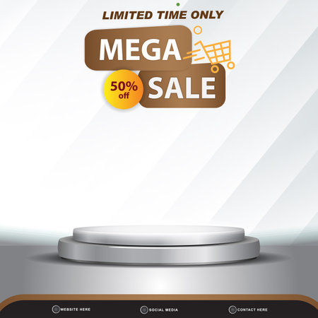 limited mega sale banner social media template post with blank space 3d podium for product with abstract white and silver gradient background designのイラスト素材