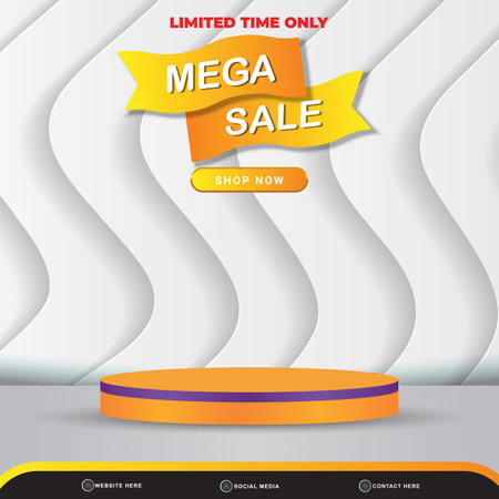 limited mega sale banner social media template post with blank space 3d podium for product with abstract white and orange gradient background designのイラスト素材
